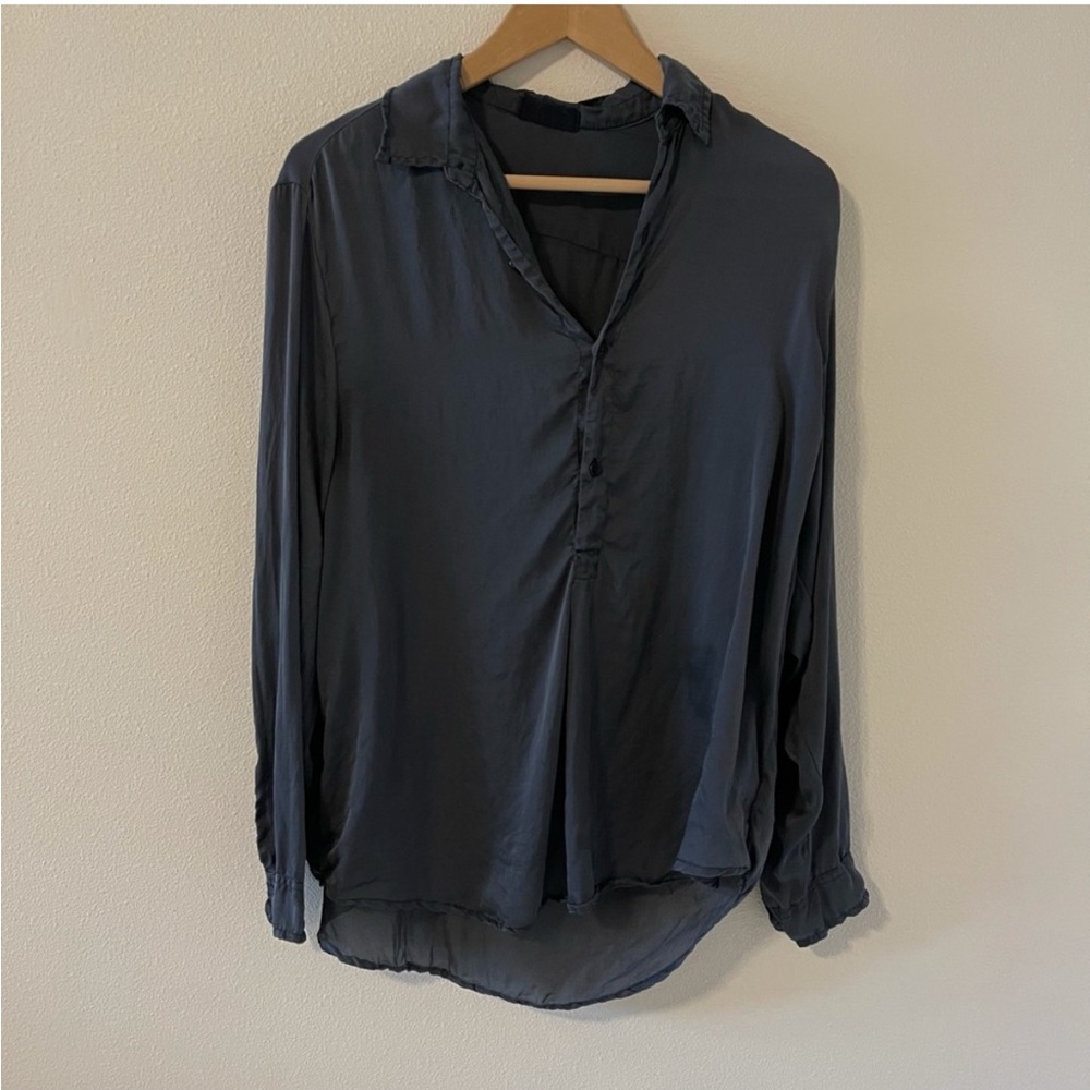 CP Shade 100% Silk Charcoal Gray Popover Partial Button Down Blouse-XS